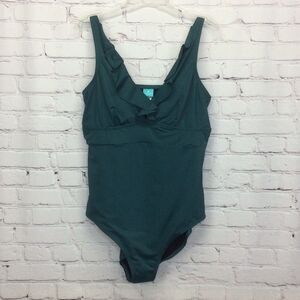 Coastal Blue Swimsuit Women's Size XL One Piece Teal Ruffle V Neck Wide Straps